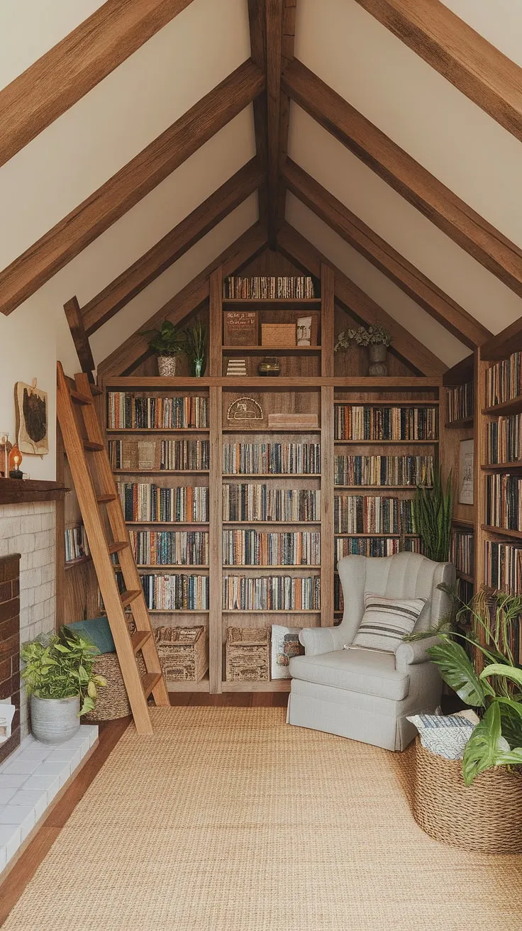 My own little piece of heaven: a home library brimming with character. This cottagecore library, with its wooden ladder and overflowing bookshelves, is more than just a reading room; it's a sanctuary.  Imagine the countless stories waiting to be discovered in this charming cottage library – a true hobbit library for the soul.