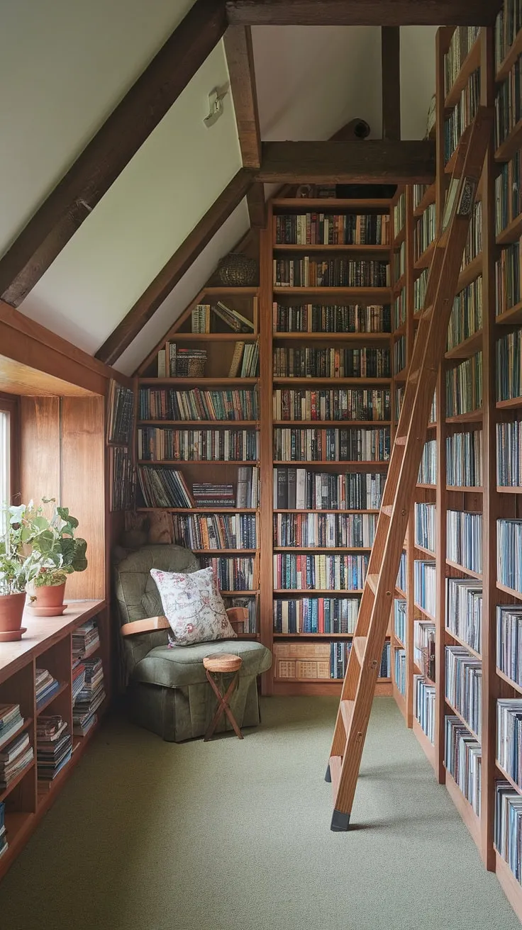 Nestled within a charming cottage, this home library offers a tranquil reading room experience.  Imagine curling up with a good book in this cozy library, a true cottagecore and hobbit library dream come true.