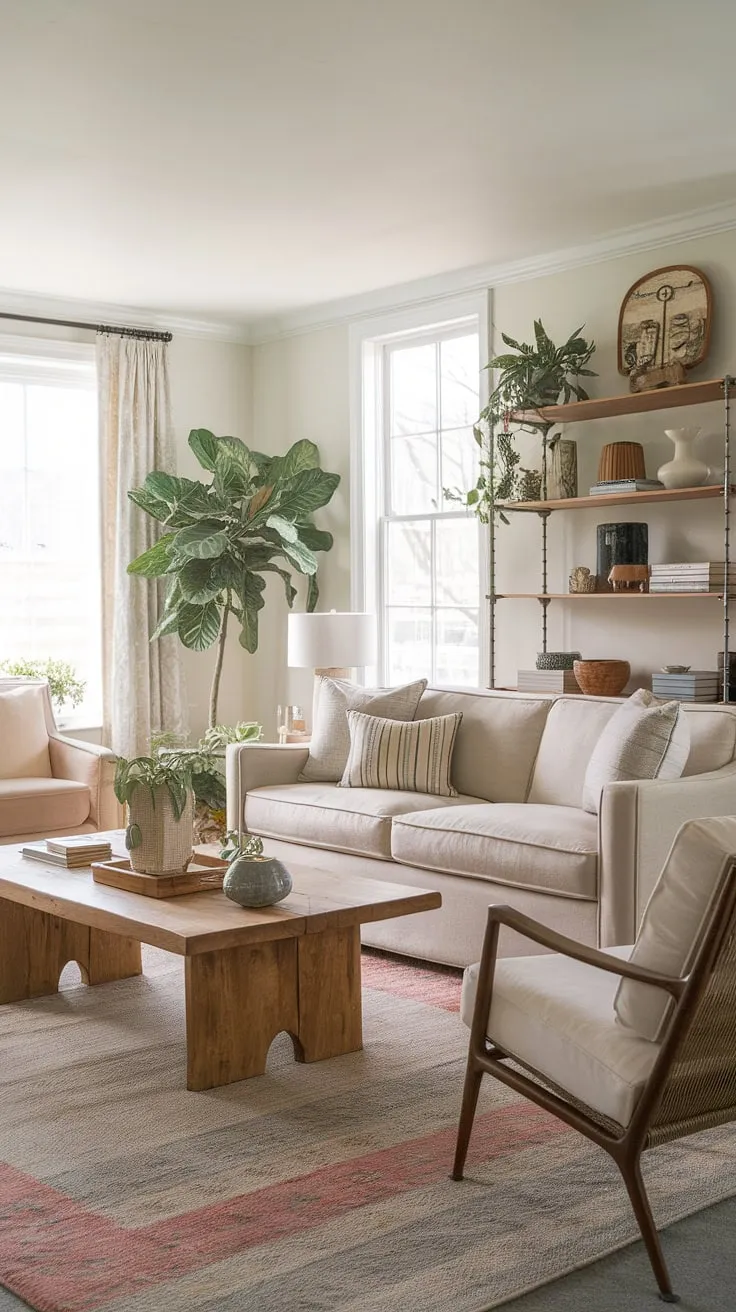 A charming cottage living room, featuring a beige sofa and wooden accents, is brightened by white walls and a patterned rug.