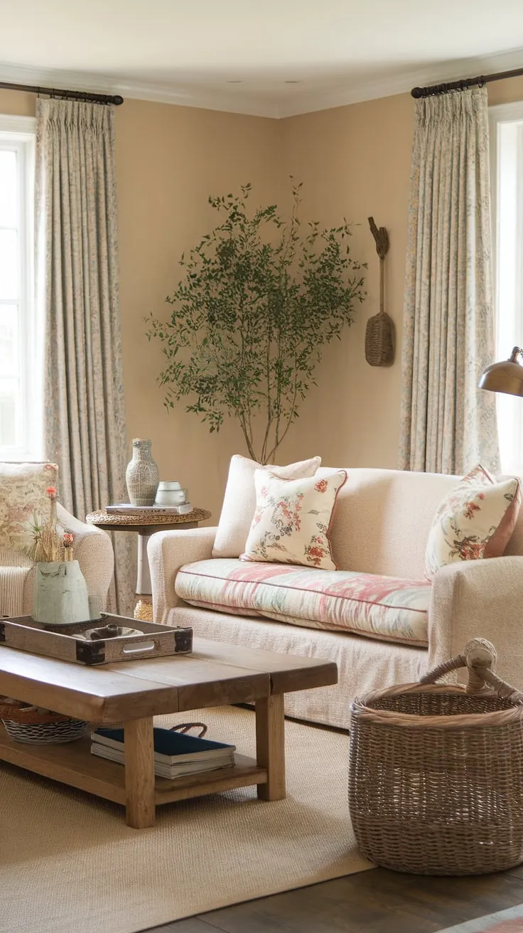 A beige haven evokes a tranquil cottagecore aesthetic through floral accents and natural elements