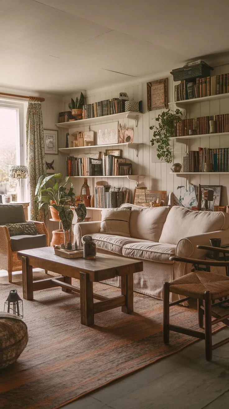 Warm lighting and cozy furnishings create a welcoming cottage living room atmosphere