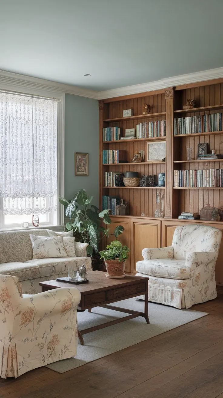 Soft blue walls and floral accents create a peaceful cottagecore living room atmosphere.
