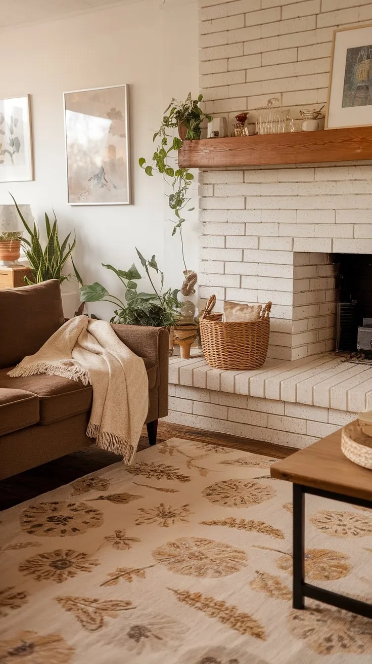 Warm lighting and rustic charm fill a cozy cottage living room, complete with a fireplace, comfy sofa, and charming details.