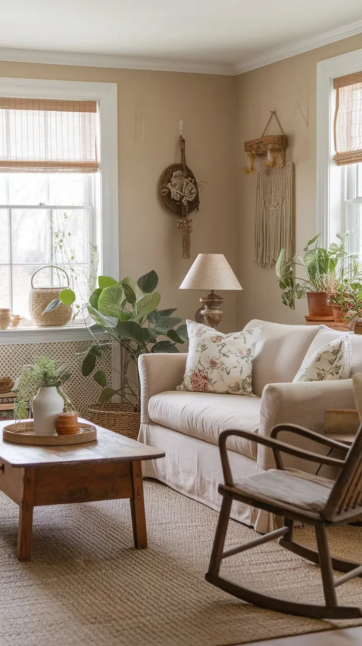 Earthy tones and vintage charm create a cozy cottagecore living room.