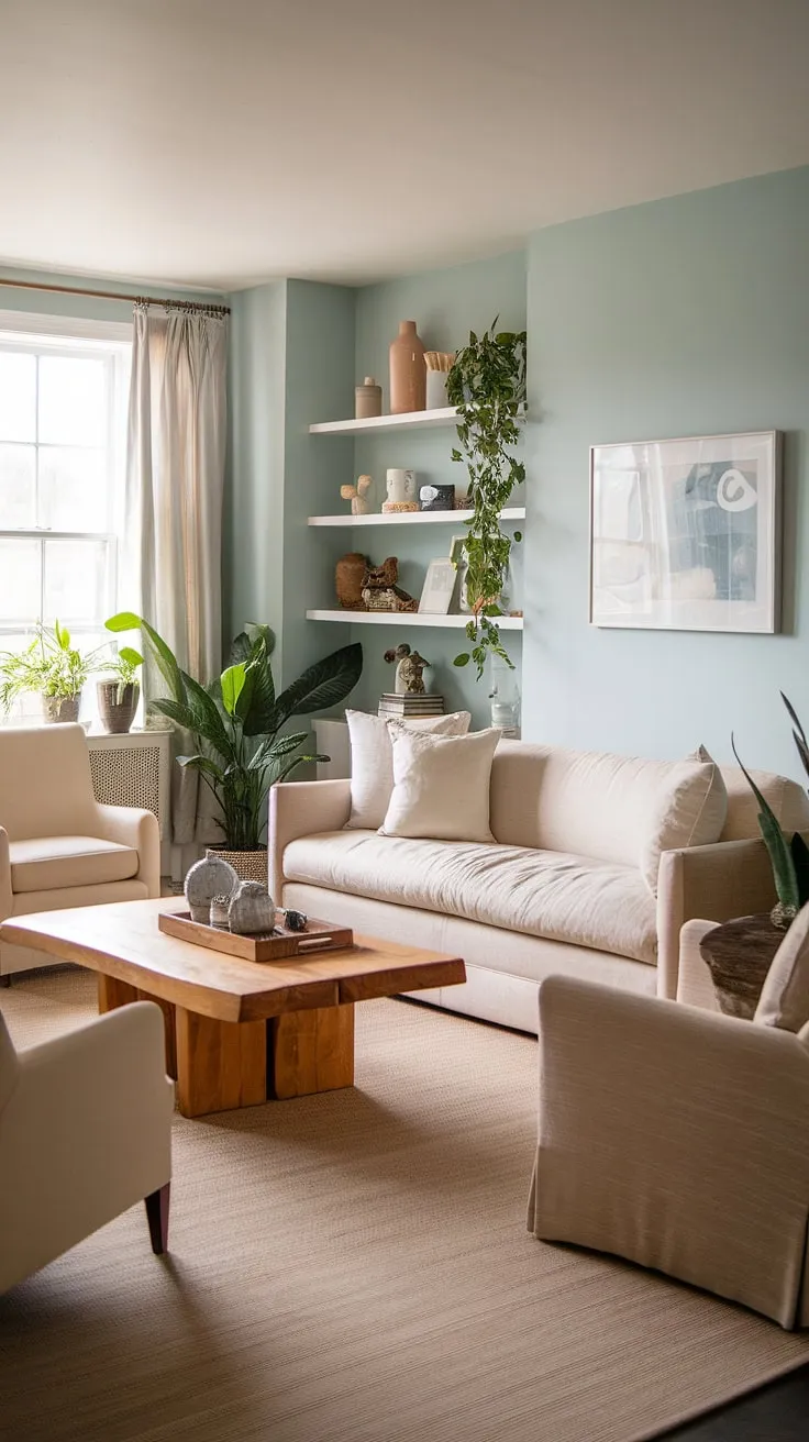 A serene cottagecore living room evokes tranquility with its soft blue walls, beige furnishings, and flourishing greenery
