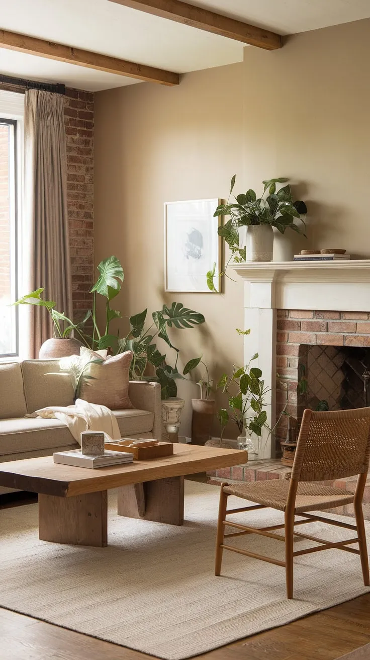 Earthy beige tones and natural wood create a cozy cottagecore living room, enhanced by greenery and exposed brick.