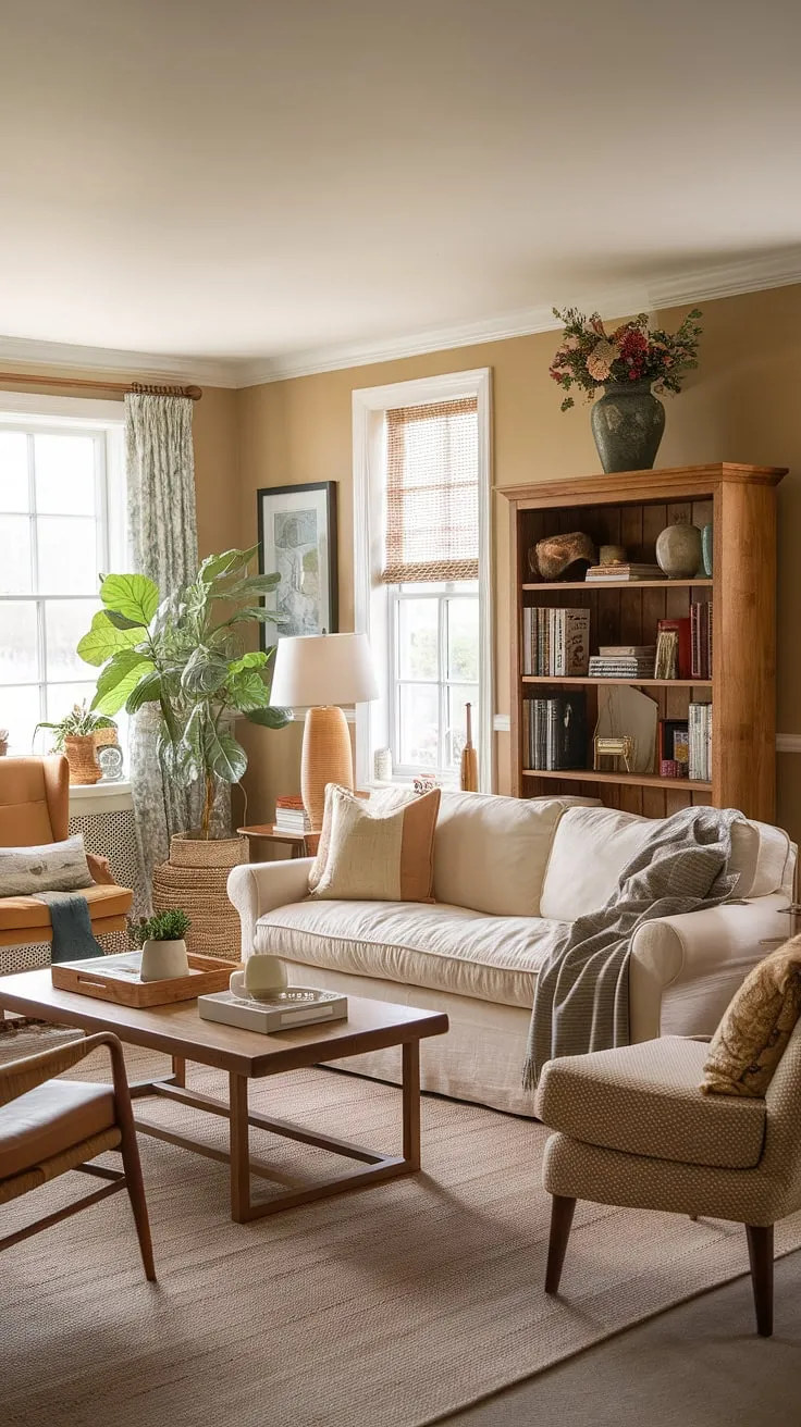 Warm beige tones and charming personal touches create a cozy cottagecore living room ideal for relaxation