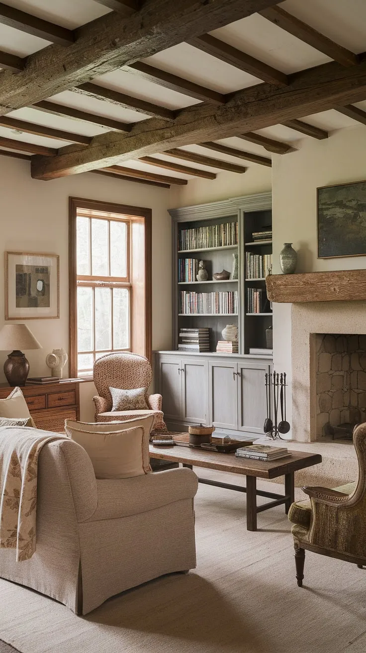 A vintage-inspired living room evokes a peaceful cottagecore aesthetic with its stone fireplace and plush furnishings
