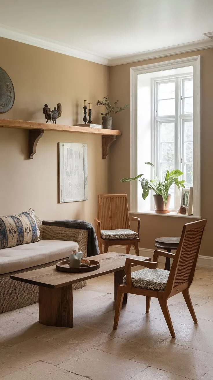 Earthy tones and natural textures create a cozy cottagecore living room atmosphere