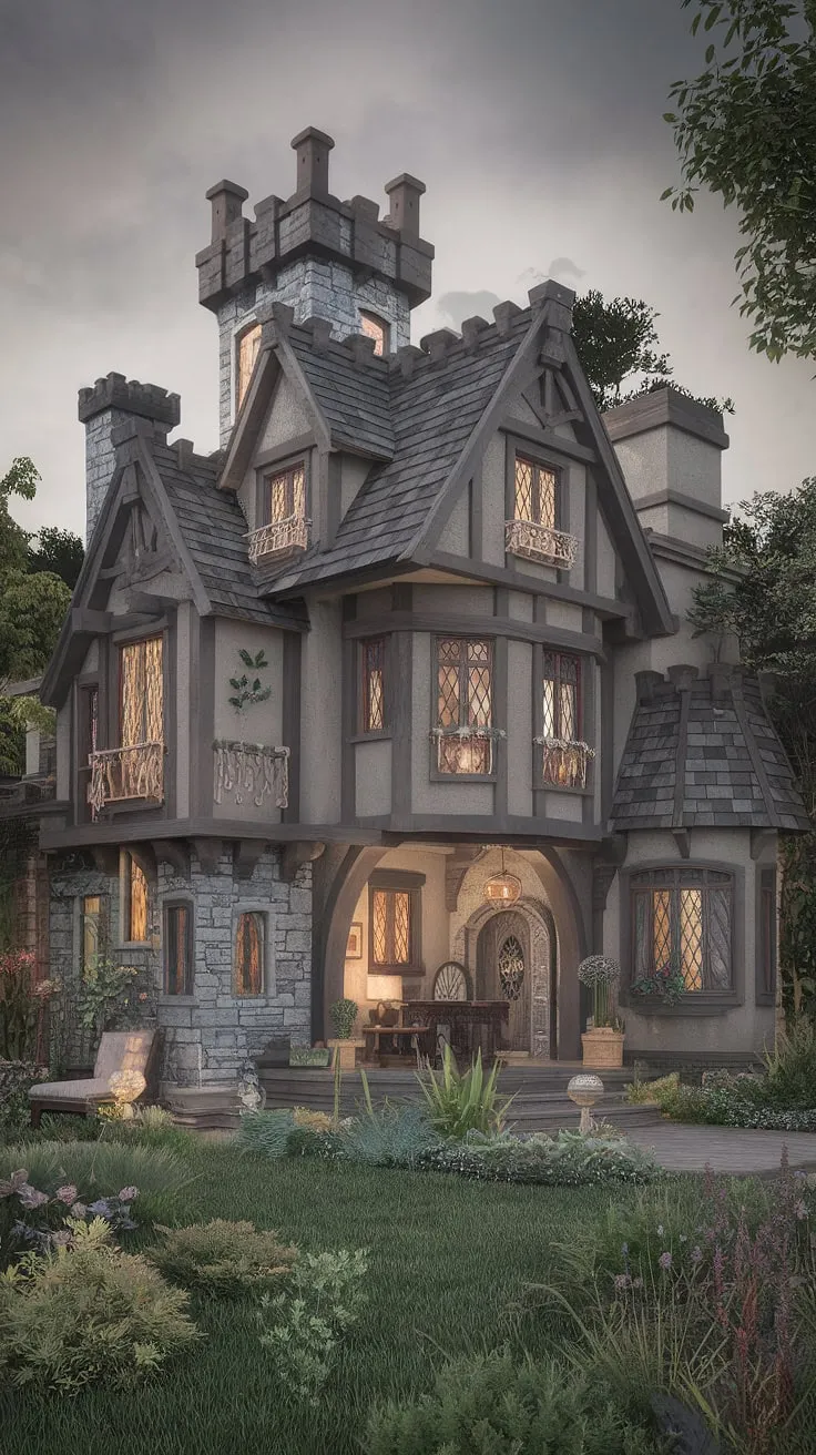 A majestic stone cottage mansion, nestled in a lush fantasy garden under a brooding sky, boasts numerous rooms and towers.