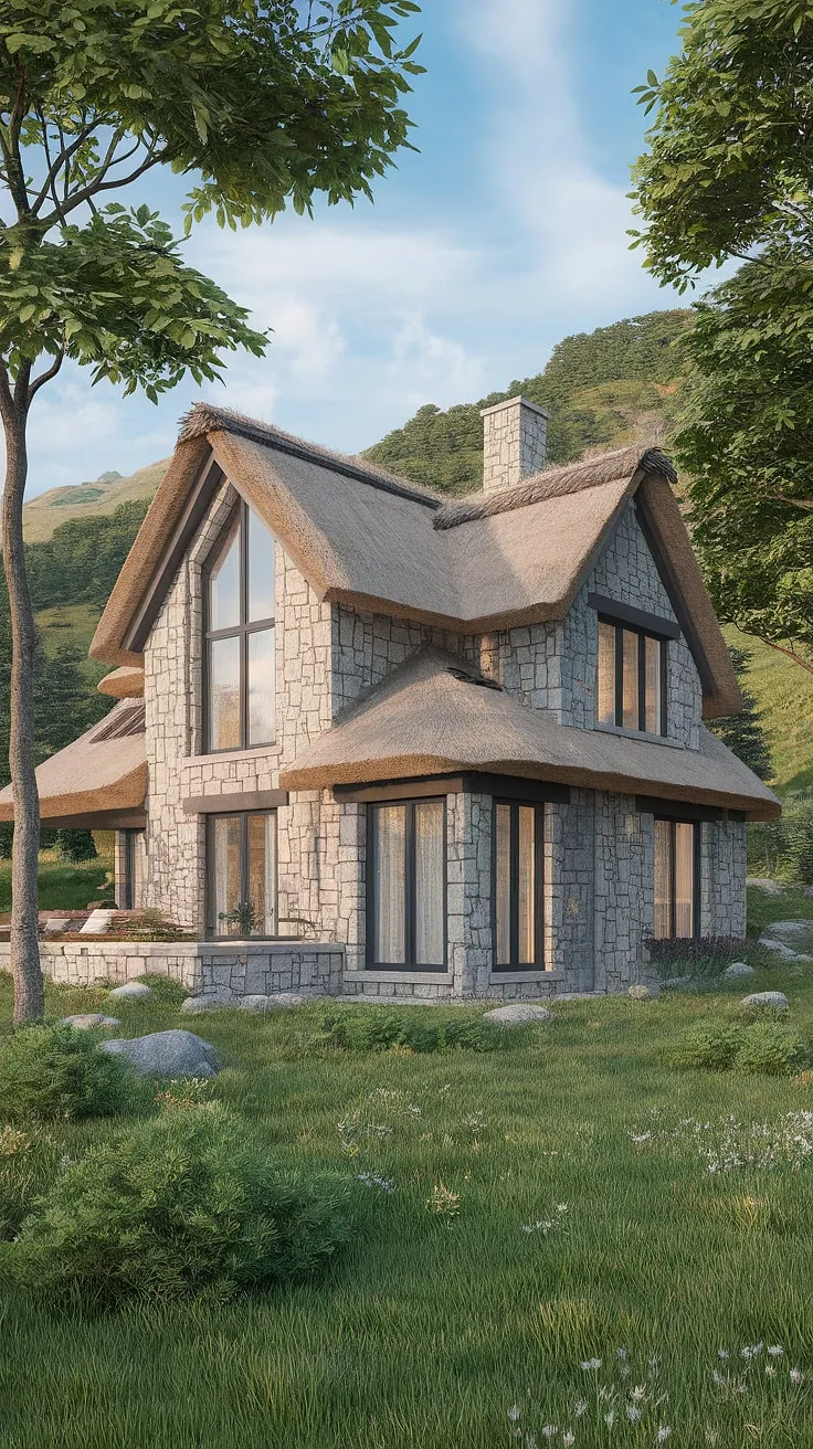 A dreamy mountaintop stone cottage with a thatched roof and large windows offers a breathtaking escape.