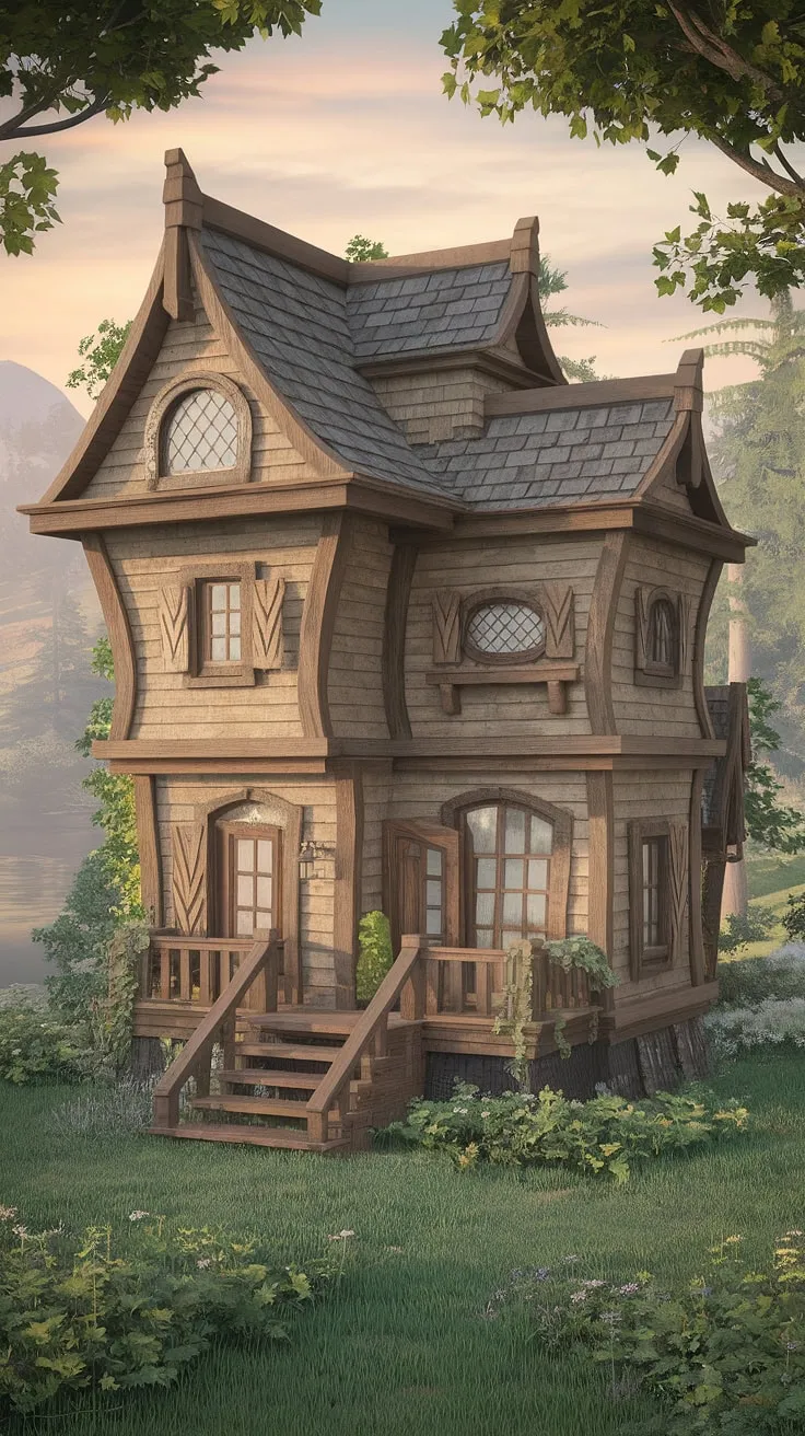Lush landscapes frame a multi-level wooden fantasy home, its charming architecture promising adventure and tranquility.