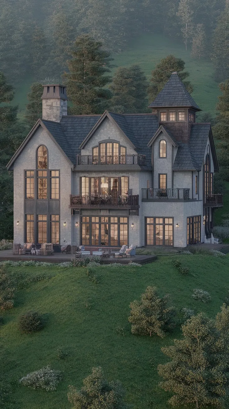 A dreamy cottage mansion blends old-world charm with modern elegance in a lush hillside setting.