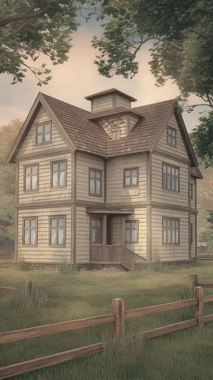 A dreamy, beige wood mansion, reminiscent of a grand cottage, sits nestled in a verdant landscape.