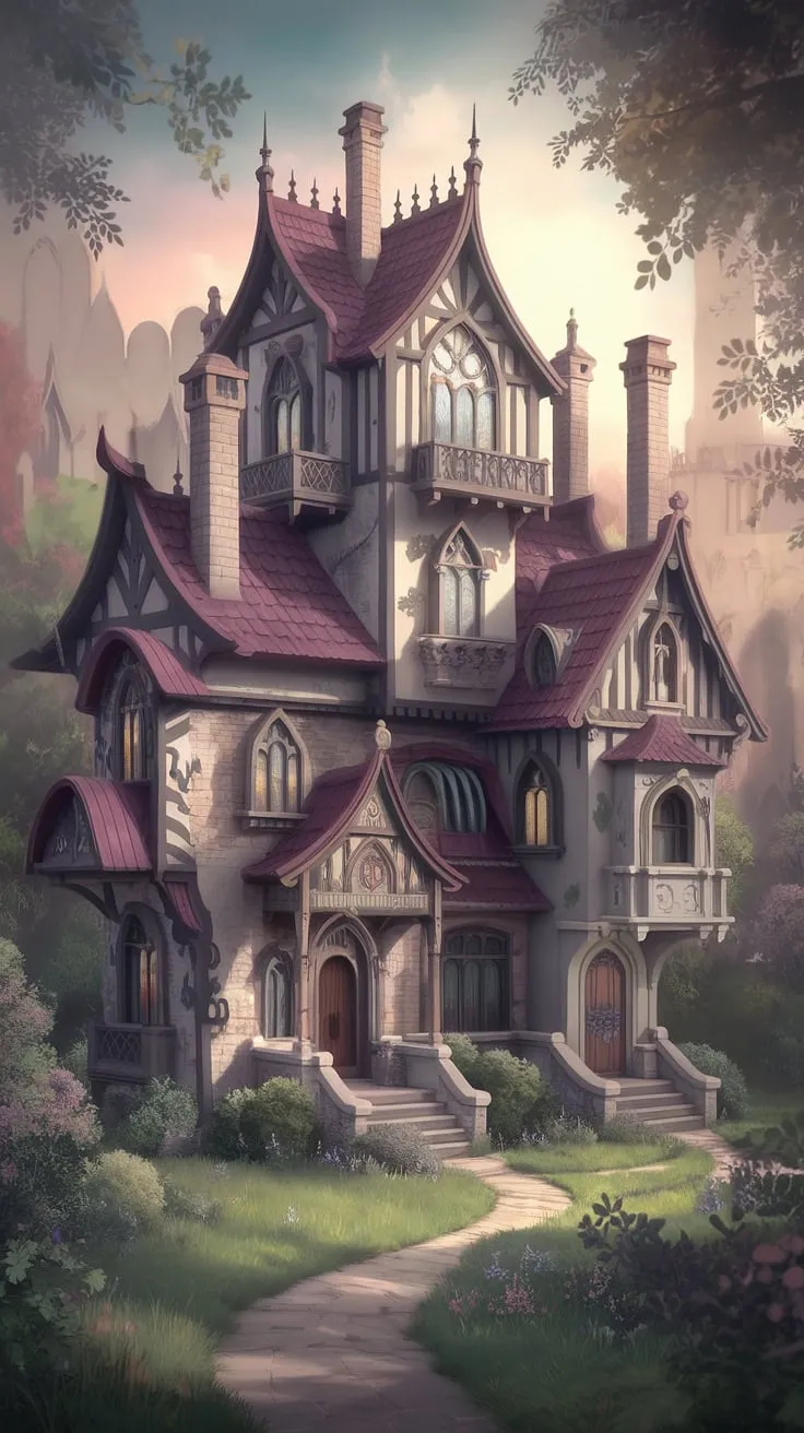A dreamy photo depicts a whimsical cottage mansion, a fantastical blend of Gothic, Tudor, and Victorian styles nestled in vibrant greenery.