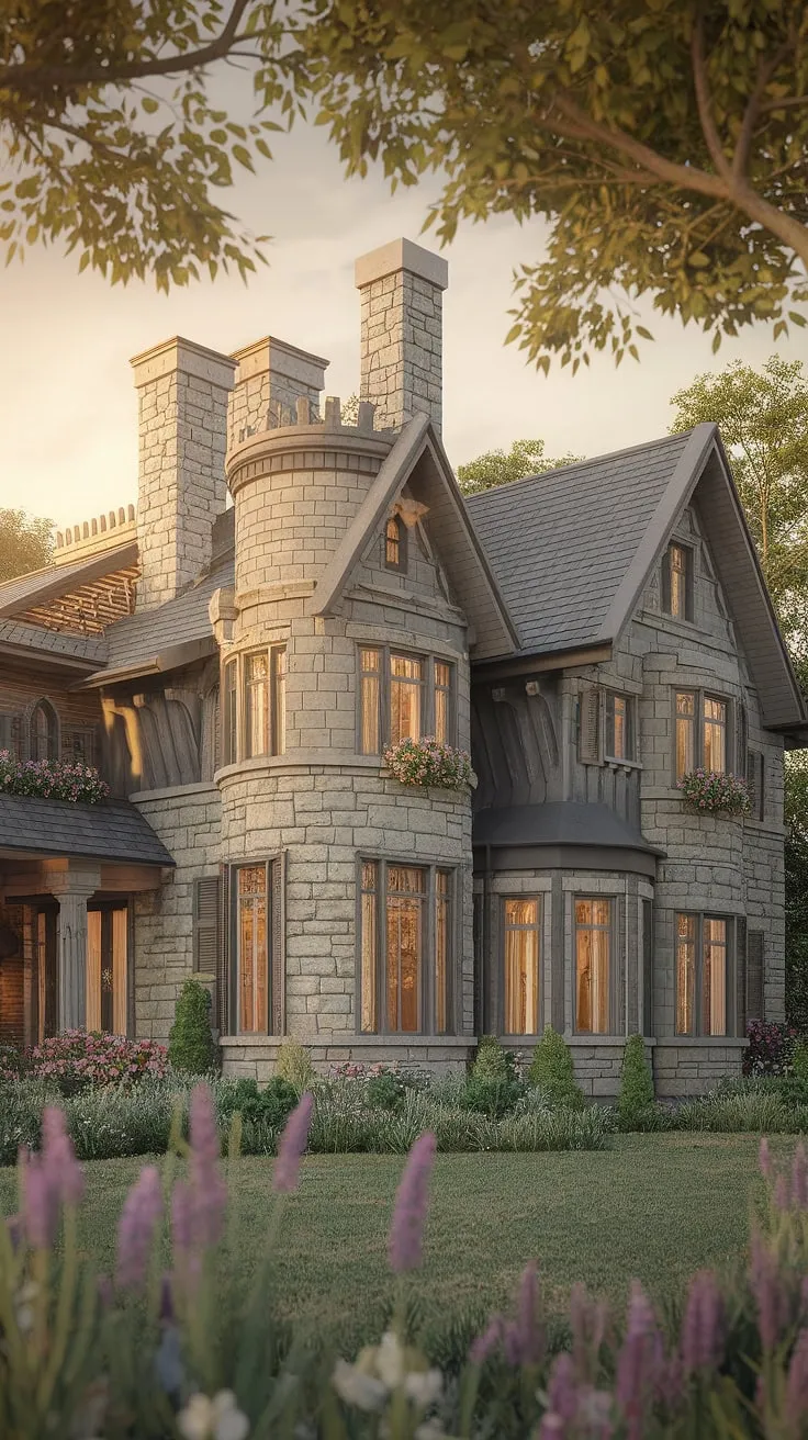 Golden light bathes a majestic stone mansion, its multiple towers rising from vibrant gardens