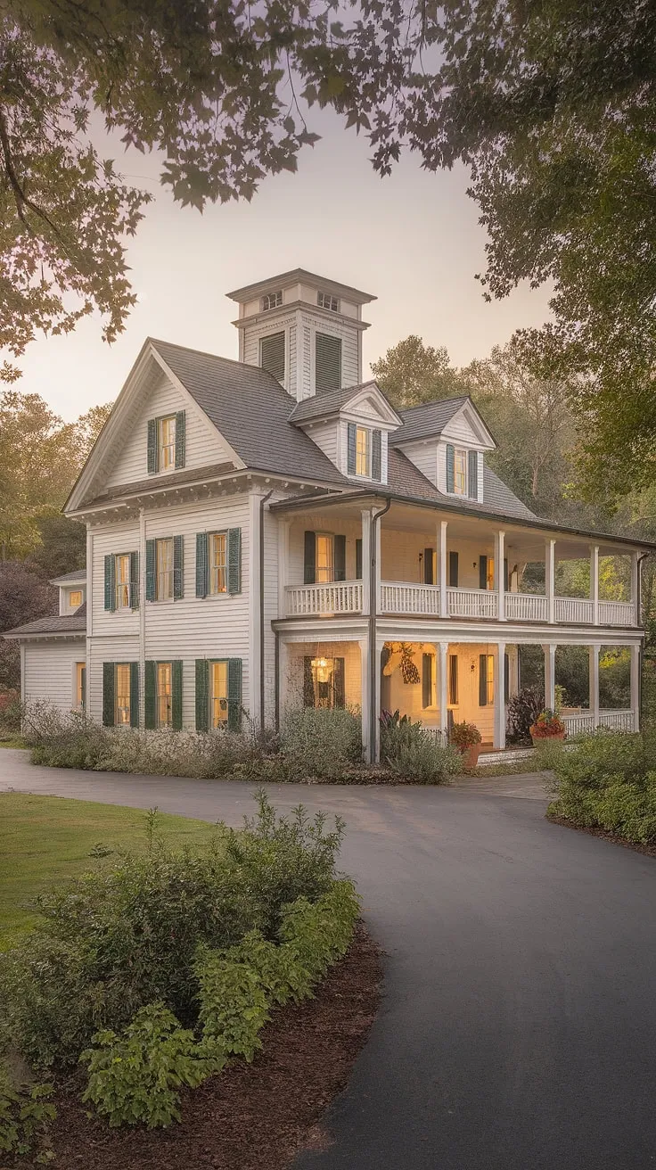 Enchanted white mansion, nestled in vibrant greenery, evokes idyllic fantasy.