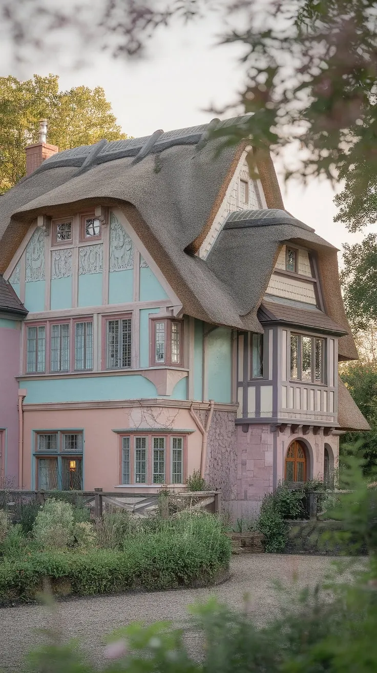 A dreamy pastel mansion, steeped in fantasy architecture, sits nestled in a vibrant green landscape