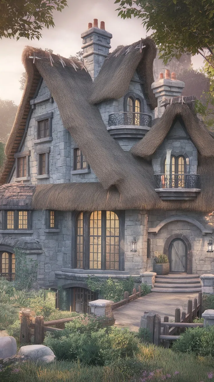 A dreamy multi-level cottage, complete with thatched roof and balconies, sits serenely amidst lush foliage.