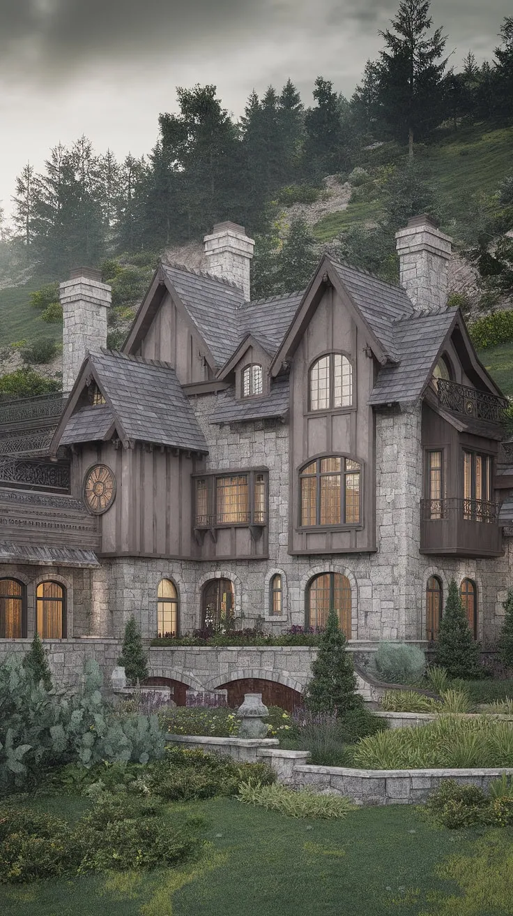 Enchanted stone mansion nestled in a verdant hillside, a fantasy architect's dream