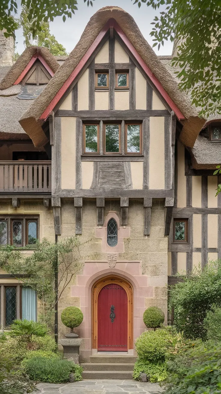 A majestic thatched-roof mansion, nestled in lush greenery, evokes a serene fantasy cottage dream.