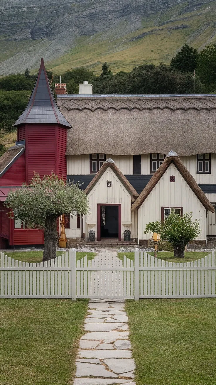 Varied buildings with colorful roofs and a white picket fence create a captivating cottage estate against a mountain backdrop