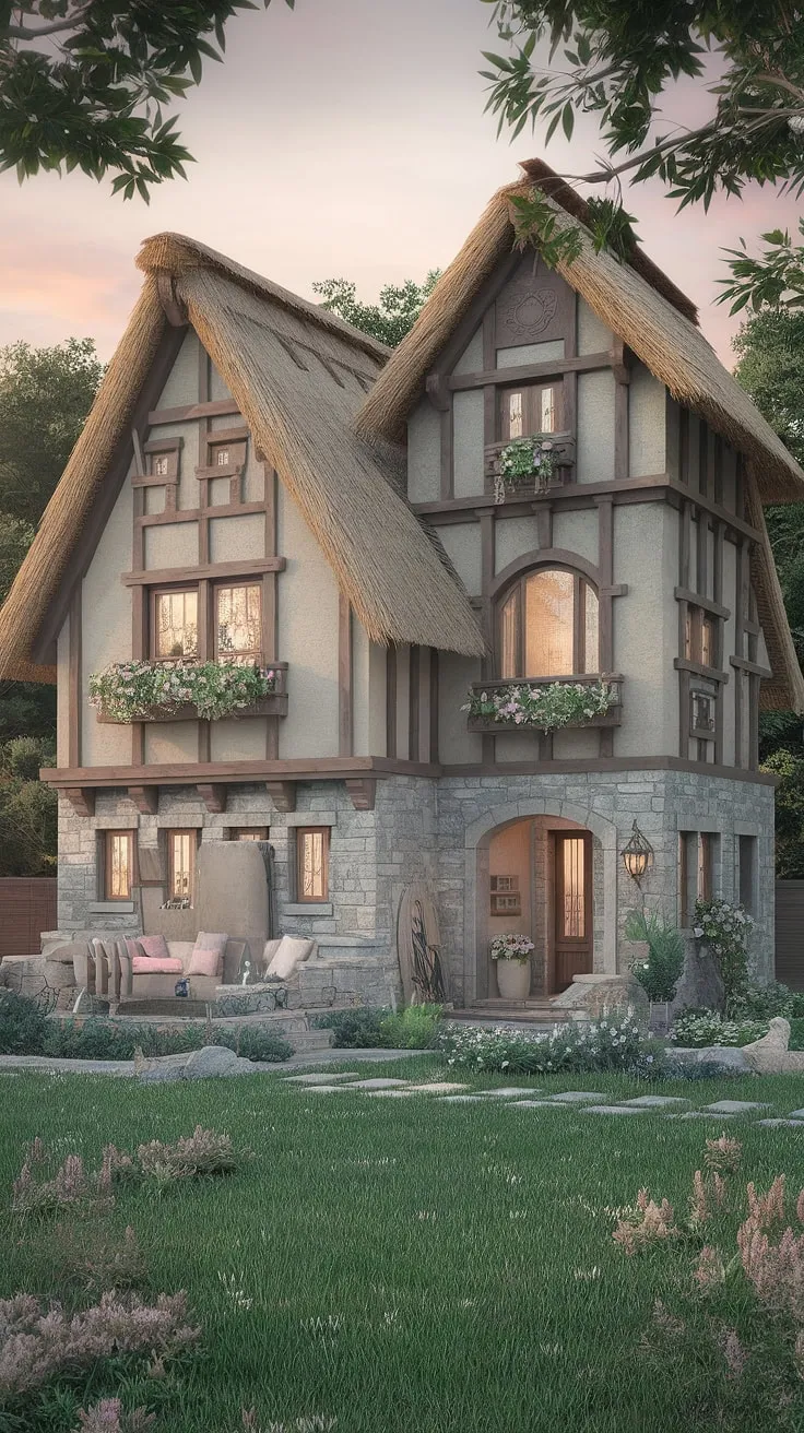 Enchanting stone and thatched fantasy home offers picturesque living amidst lush greenery.