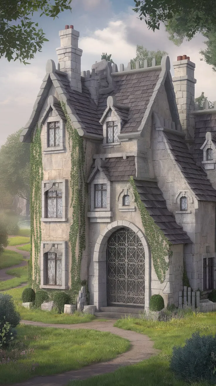 A majestic stone cottage mansion, draped in ivy and boasting numerous chimneys and windows, stands proudly amidst a lush fantasy landscape.