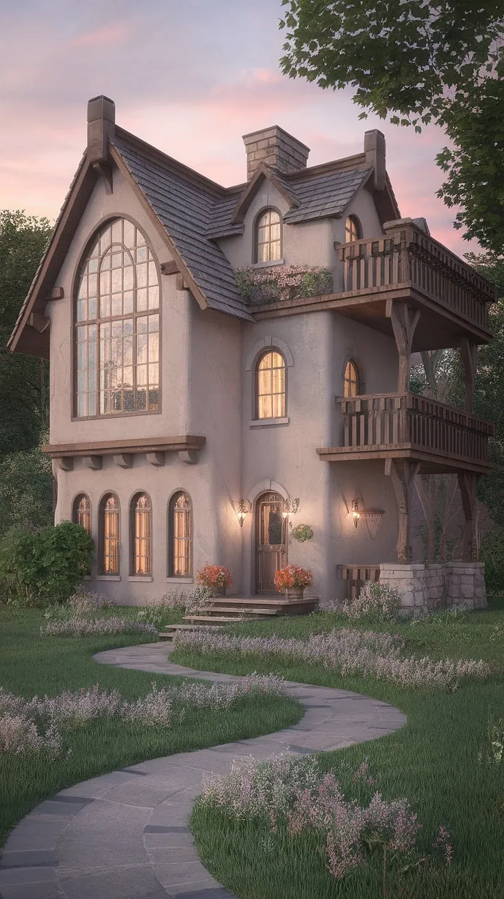 A whimsical cottage mansion, nestled in lush foliage, invites dreams with its enchanting architecture and winding path.
