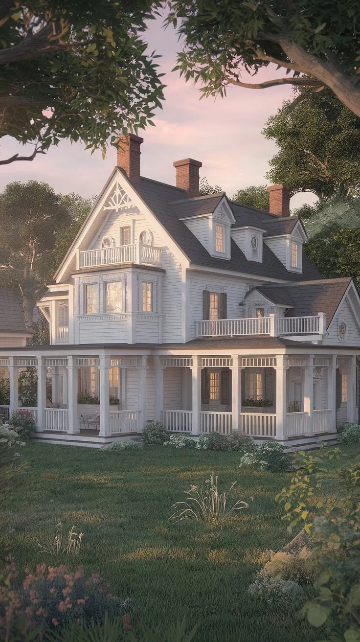 A grand white mansion, nestled in a vibrant fantasy landscape, evokes idyllic dreams of escape