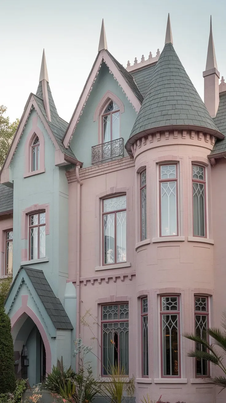 A whimsical, multi-storied mansion in muted pastel hues boasts pointed arches, towers, and ornate windows, embodying a dreamy fantasy aesthetic