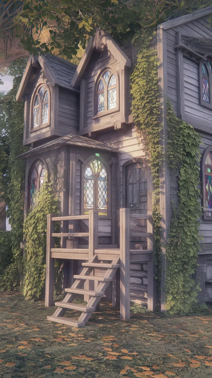 A magical, multi-story cottage mansion, overgrown with nature, beckons with its enchanting stained-glass windows.