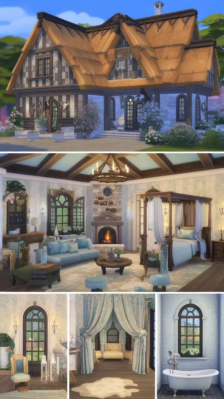 This dreamy Sims 4 fantasy cottage mansion inspires charming home decor with its cozy rooms and vintage details
