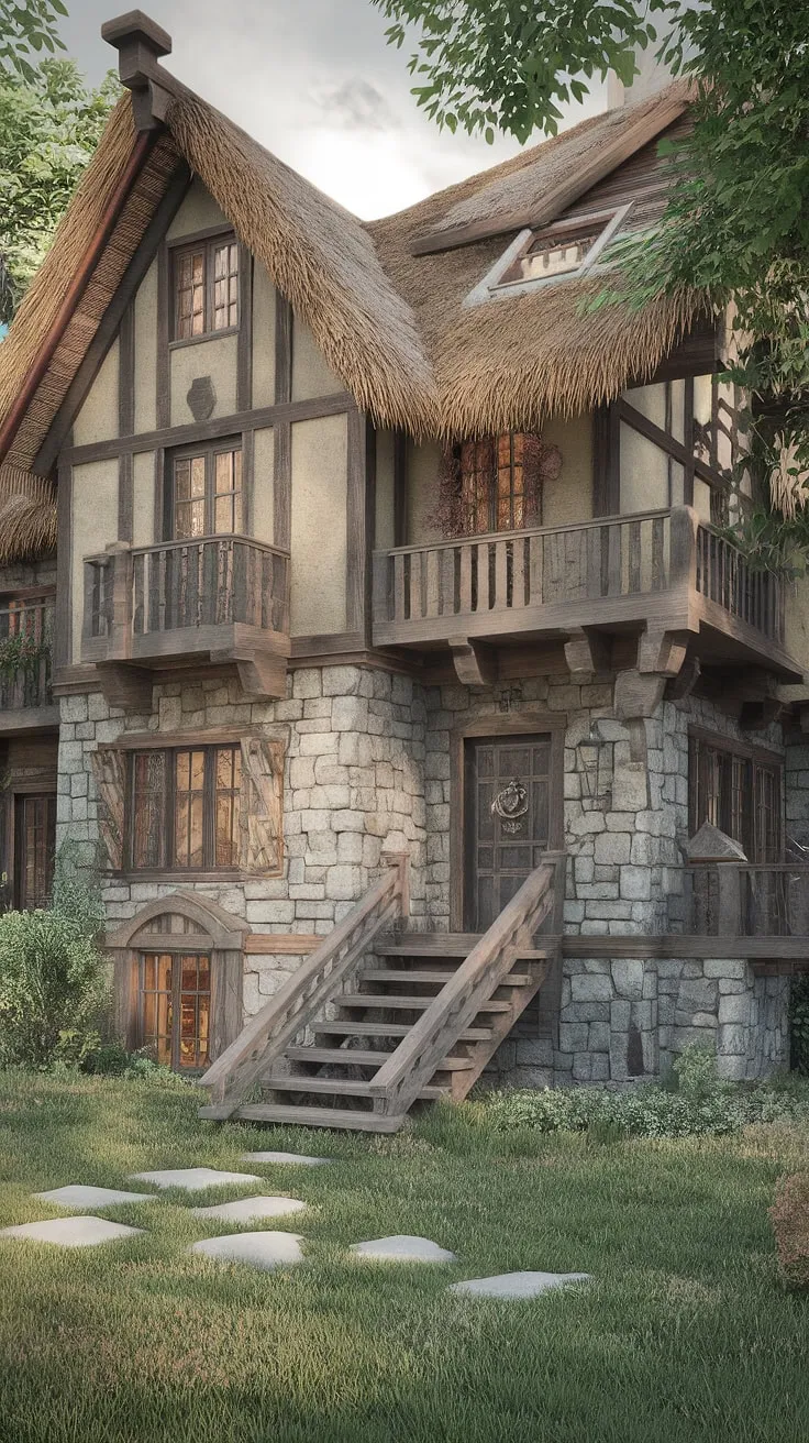 A whimsical, multi-level cottage mansion, crafted from wood and stone with a thatched roof, inspires serenity amidst lush greenery