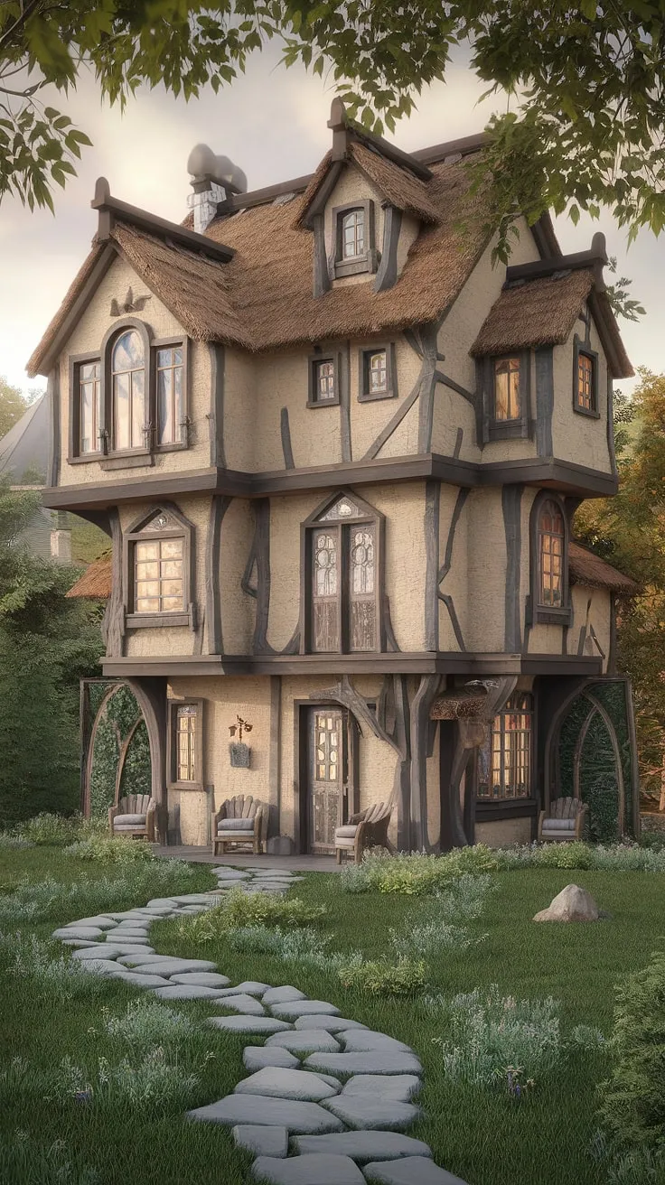 Enchanted cottage mansion, a multi-level fantasy home nestled in vibrant greenery, beckons with its unique architecture and winding stone path.