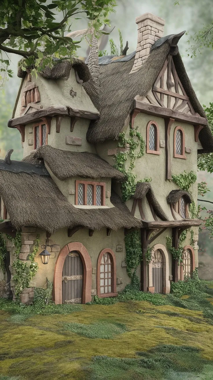 Enchanted greenery reclaims a multi-storied thatched cottage mansion