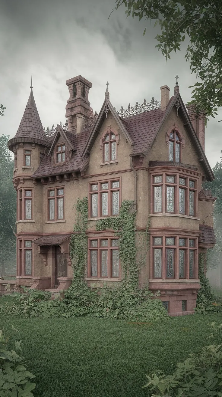A majestic reddish stone mansion, more castle than cottage, dreams in a lush, overcast fantasy landscape.