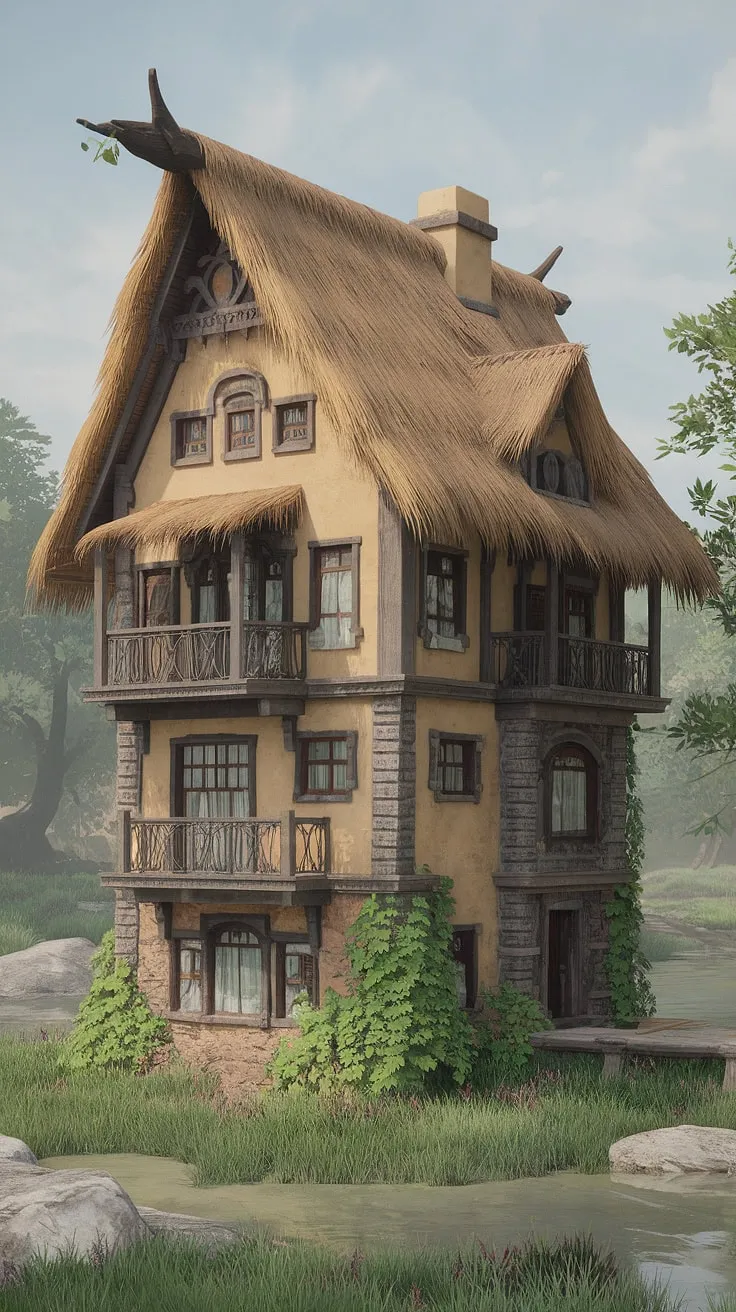 Elegant stone cottage mansion with thatched roof and balconies overlooks a tranquil river landscape.
