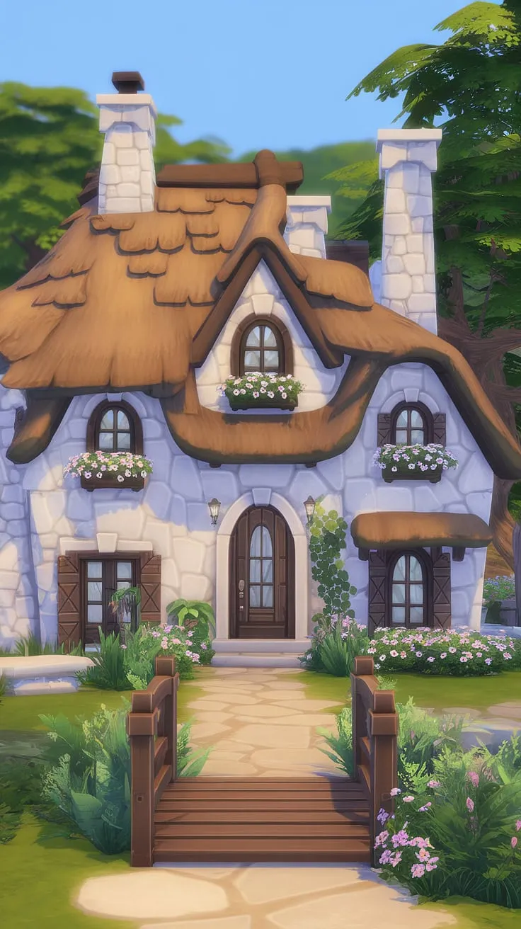 A serene stone cottage mansion, a Sims 4 creation, boasts a thatched roof, multiple chimneys, and lush surroundings, inspiring dreams of fantasy living.