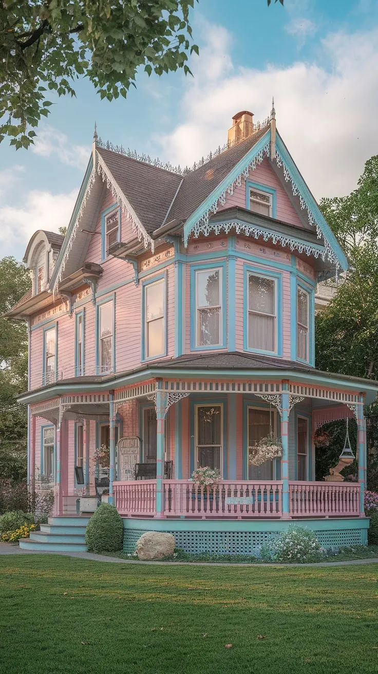 A pastel pink and blue Victorian mansion, adorned with gingerbread trim and surrounded by lush greenery, embodies a whimsical dream cottage fantasy.