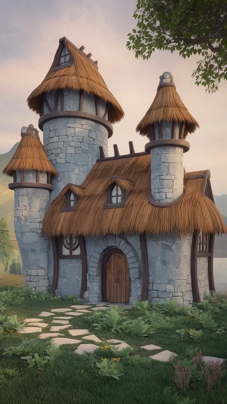 A majestic stone cottage mansion, crowned with multiple towers and a thatched roof, stands proudly amidst lush greenery overlooking a serene mountain and water landscape.