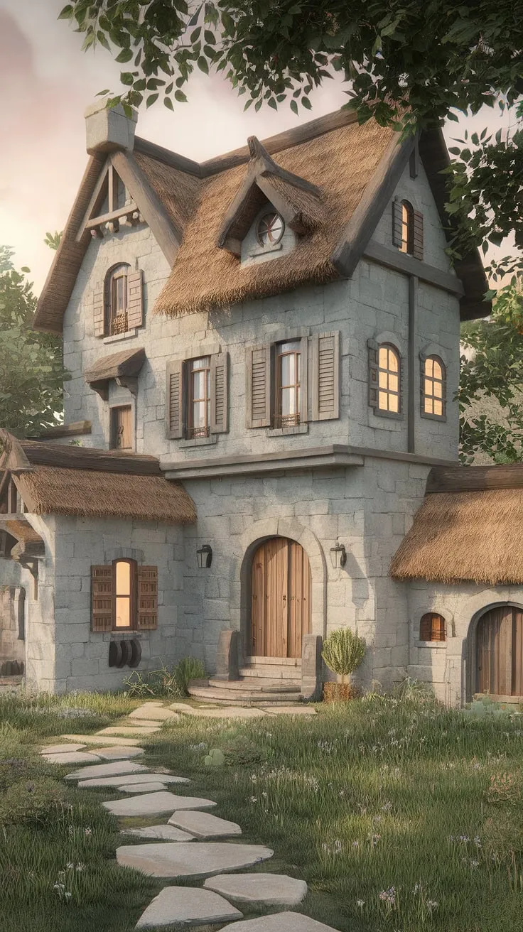 A charming stone cottage mansion, nestled in lush greenery, boasts multiple stories, a thatched roof, and smaller outbuildings along a stone path.