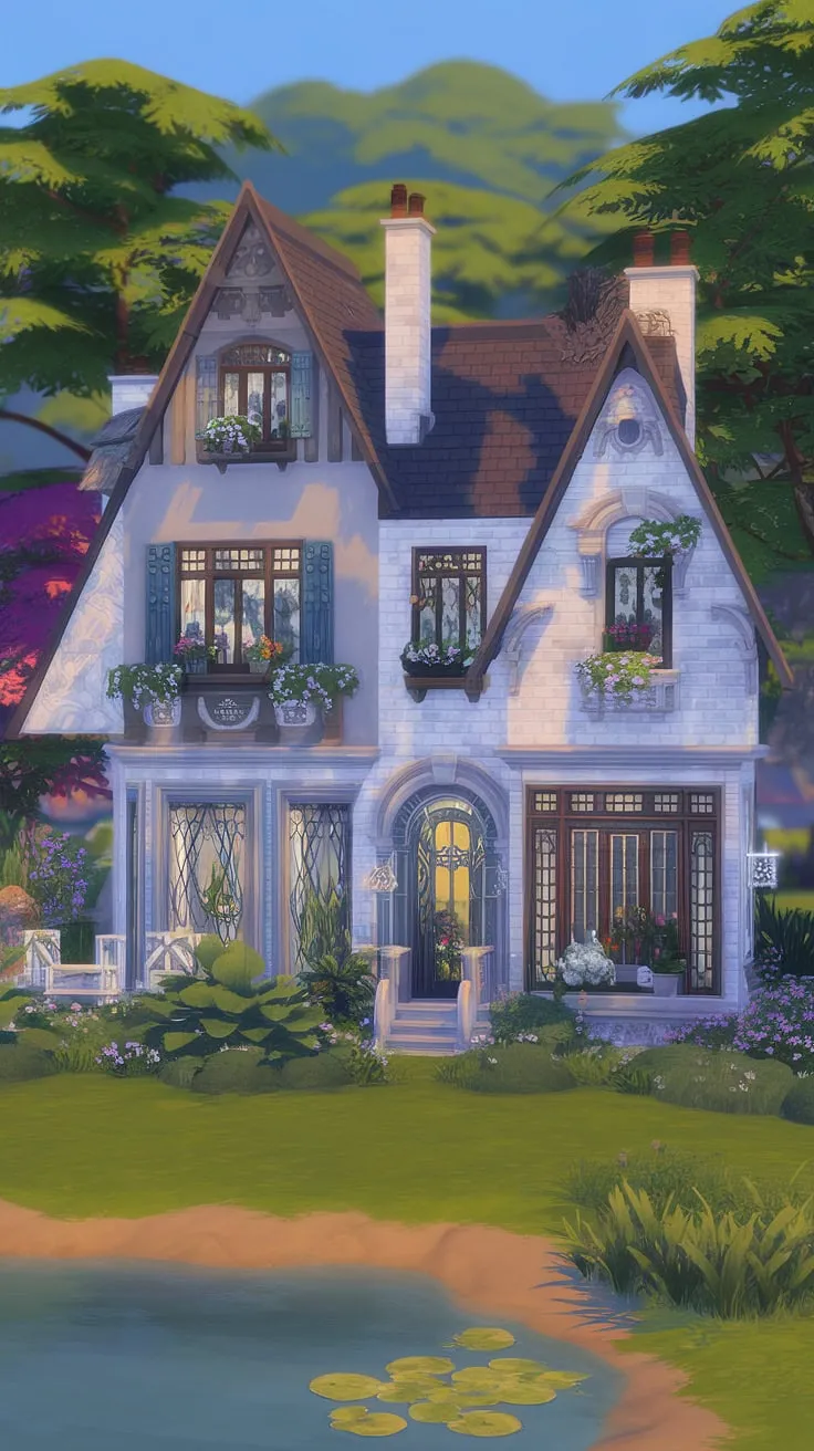 A stunning Sims 4 cottage mansion, blending old-world charm with modern design, sits idyllically by a lake in a lush, dreamlike setting.
