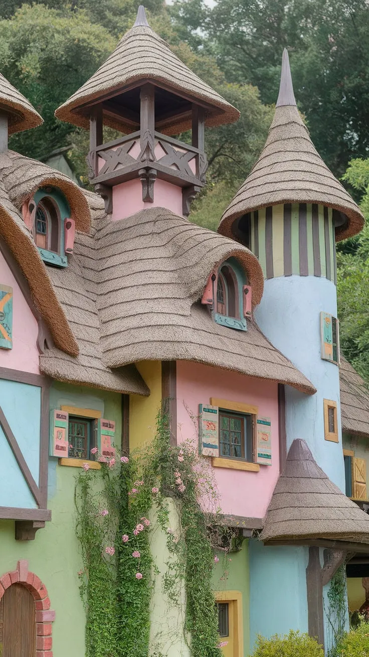 A whimsical pastel cottage mansion, adorned with flowers and towers, sits nestled in a verdant forest.