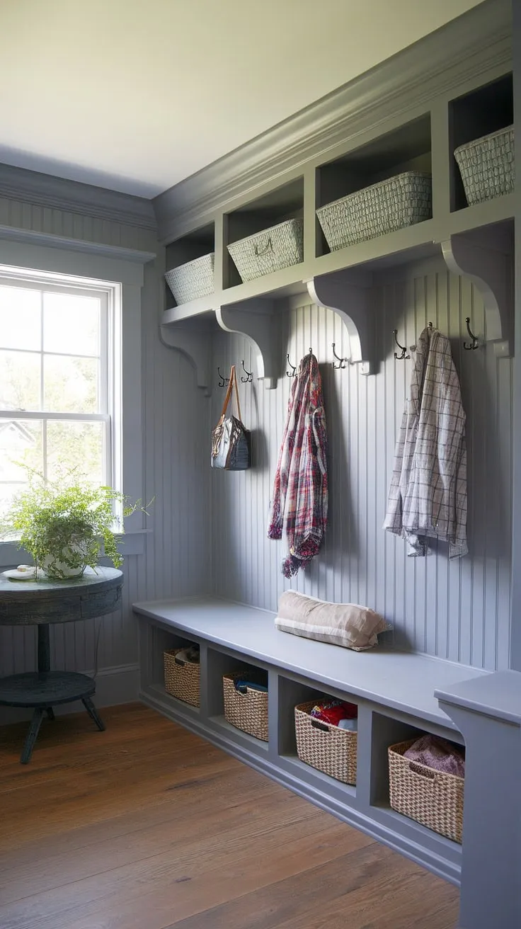 Step into this charming cottage mudroom, where gray beadboard walls and beadboard trim create a cozy and organized entryway.  The cottage style mudroom offers ample mudroom storage, showcasing clever mudroom ideas for a functional and stylish space.