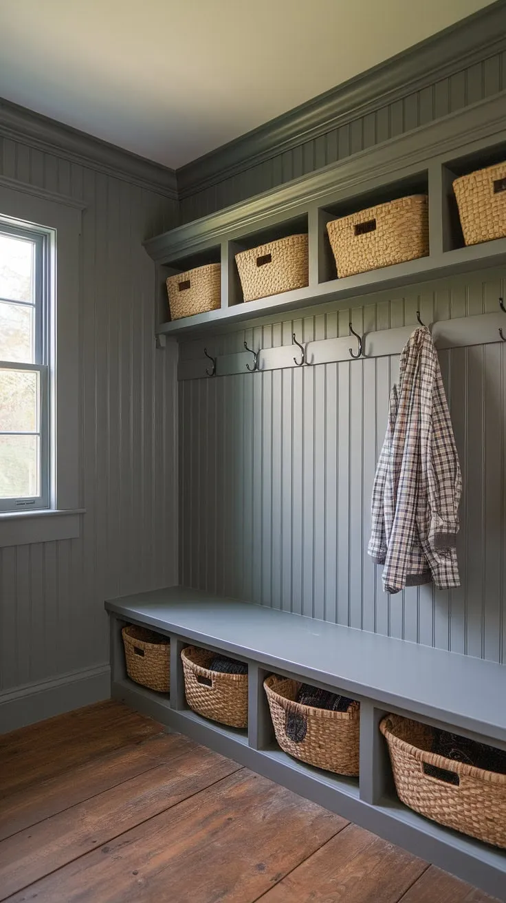This gray mudroom is the perfect blend of practicality and charm.  The cottage mudroom design features gray beadboard, creating a calming backdrop for the wood floors and thoughtful mudroom decor.  With plenty of mudroom storage options, including a bench with baskets and wall hooks, this mudroom entry is both beautiful and functional, offering inspiration for your own mudroom ideas.