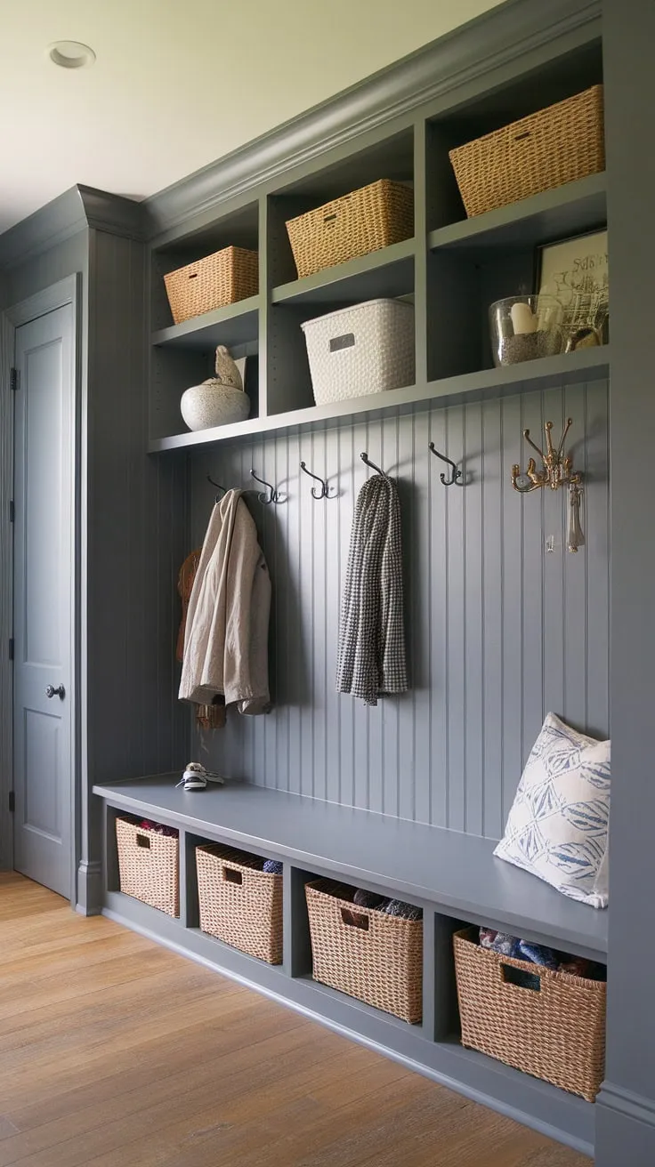 Step into this charming cottage mudroom, where gray beadboard walls and beadboard trim create a cozy and organized entryway.  The cottage style mudroom offers ample mudroom storage, showcasing clever mudroom ideas for a functional and stylish space.  This gray mudroom is the perfect blend of practicality and cottage charm.