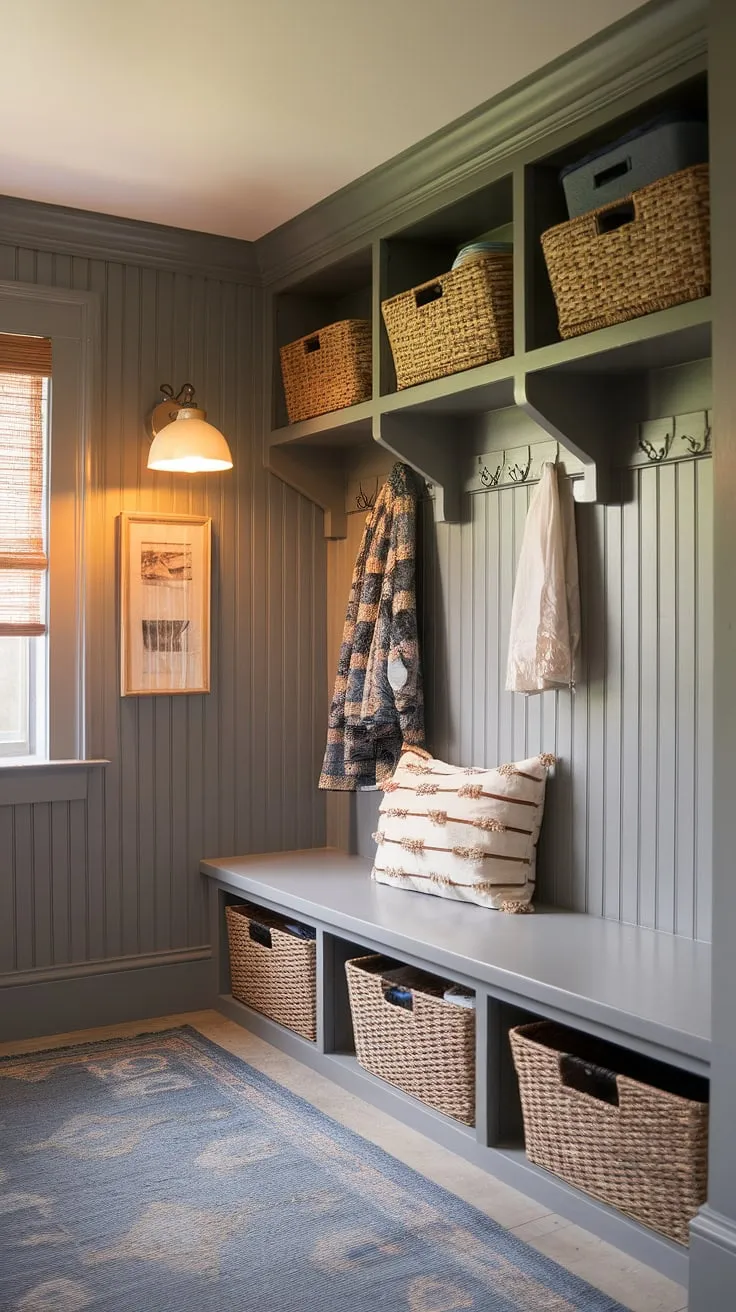 This gray mudroom is the epitome of cottage style mudroom design.  The gray beadboard adds a touch of rustic elegance, while the thoughtful mudroom storage solutions—like the bench and baskets—keep everything in its place.  Get inspired by this mudroom entry and discover your own mudroom ideas for a welcoming and practical space.