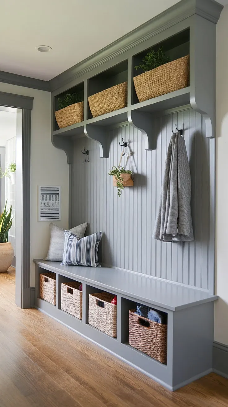 This gray mudroom is the epitome of cottage style.  Gray beadboard adds texture and warmth to this inviting mudroom entry, while thoughtful mudroom decor and smart mudroom storage solutions make it both beautiful and practical.