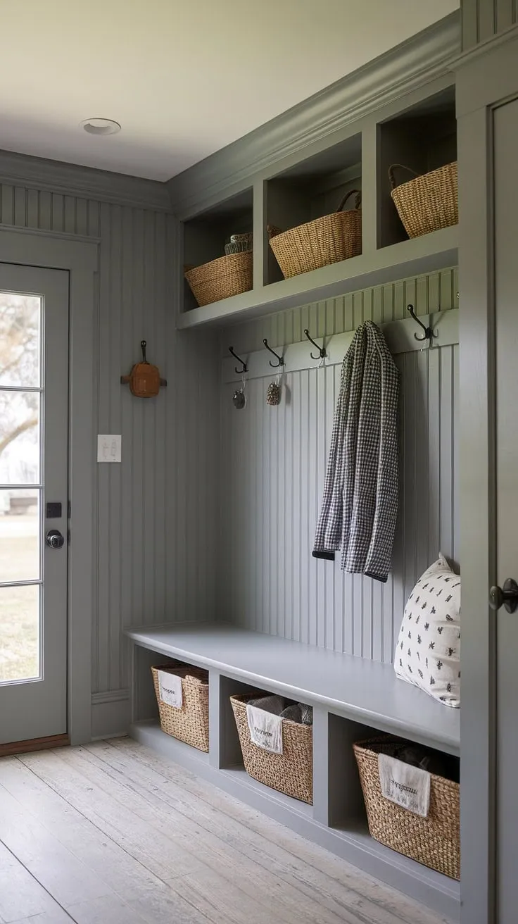 This gray mudroom is the epitome of cottage style.  Gray beadboard adds texture and warmth to this inviting mudroom entry, while thoughtful mudroom decor and smart mudroom storage solutions make it both beautiful and practical.  Plenty of mudroom ideas to inspire your own design.